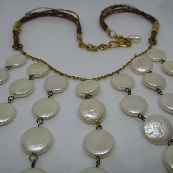 Genuine FRESH WATER COIN Pearl Bib Necklace Real Pearls Strung On GoldTone Chain - Picture 4 of 8